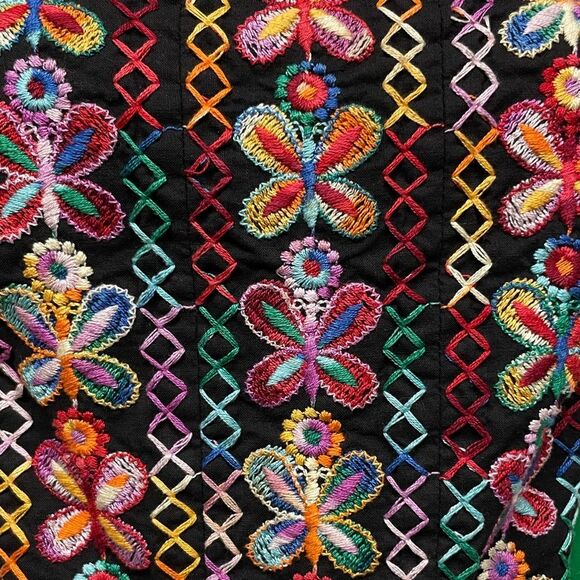 VINTAGE 70s 80s Embroidered BUTTERFLIES Folk Art Peasant Sun Dress Boho 8 10 M - Picture 6 of 16